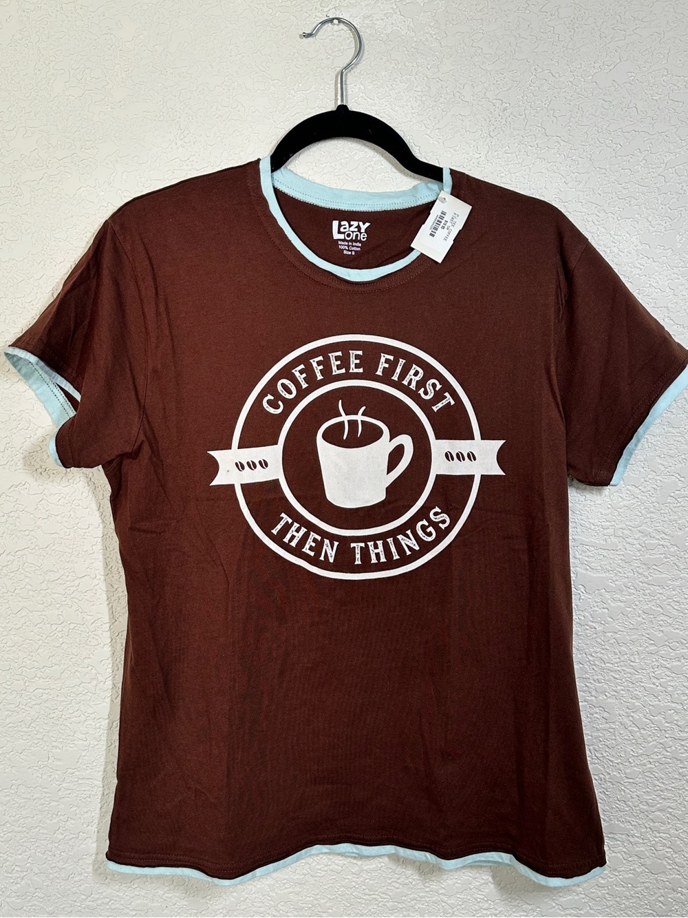 Lazy One Women’s Brown Tee with Light Blue Layering and White Coffee Graphic
